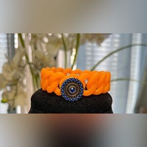 Bright Orange Silicone Braided Bracelet with Blue Gemstone Accent Charm